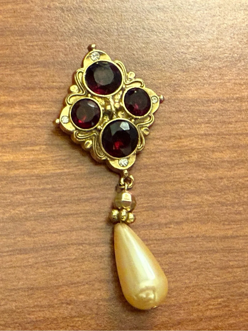 Vintage 1928 Red Cabochons with Pearl Drop Pin Brooch